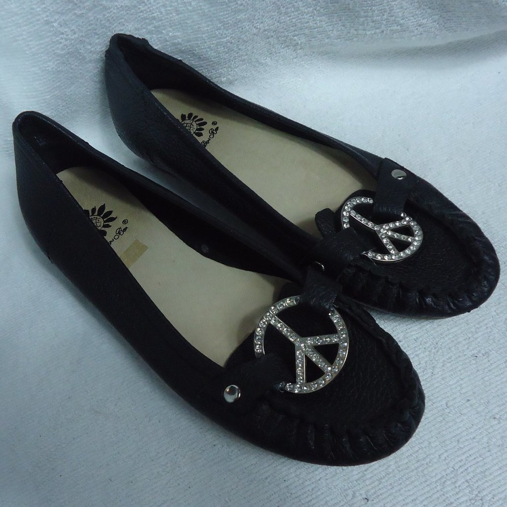 Yellow Box Black Leather Bling Peace Sign Loafers